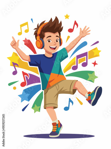 A cheerful boy with headphones dances joyfully, surrounded by colorful music notes and stars, capturing the essence of youthfulness and the power of music in everyday life.