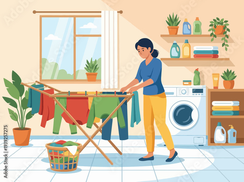 A woman hanging colorful clothes on a laundry rack in a bright room, representing the routine and simplicity of home chores blended with a touch of organization and care.
