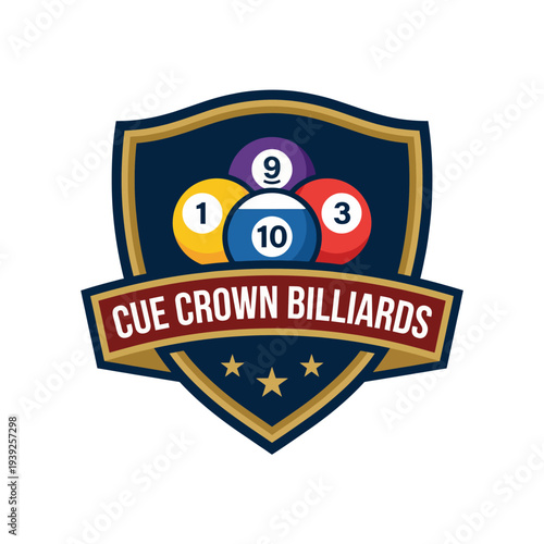 A stylish logo design for a billiard establishment, featuring a shield shape with colorful billiard balls, symbolizing professionalism and fun in the game of pool and billiards.