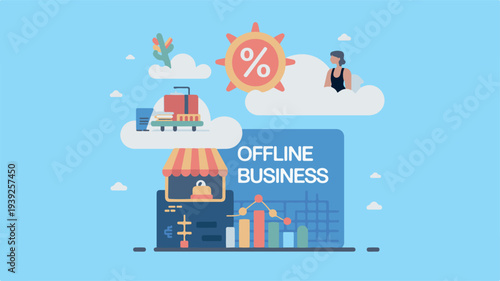 Thriving offline business strategies in the digital age depicted on a laptop screen with growth charts and icons