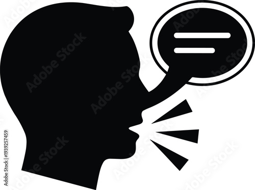 Black silhouette of a person speaking with a speech bubble containing an equals sign