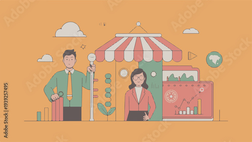 Business professionals analyzing data at a market stall with a striped awning and various charts