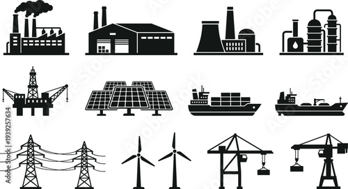 Collection of industrial and power generation icons including factories, solar panels, and wind turbines