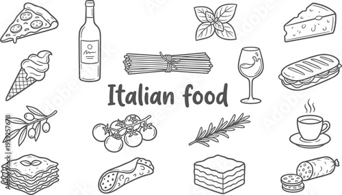 A collection of various italian food items and drinks on a with text