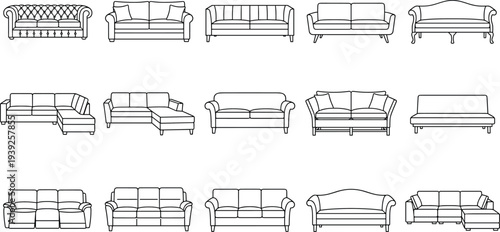 Detailed technical drawings of various sofa styles and designs in black and white