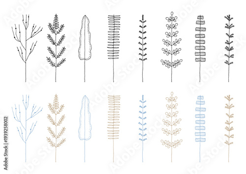 シダやソテツ等の植物をイメージした黒・青・茶色の手描きの線画イラストセット