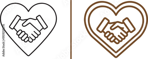 A collection of minimalist vector icons featuring handshakes integrated with heart shapes. The designs use various line weights and colors to symbolize trust, partnership, unity, and compassion.