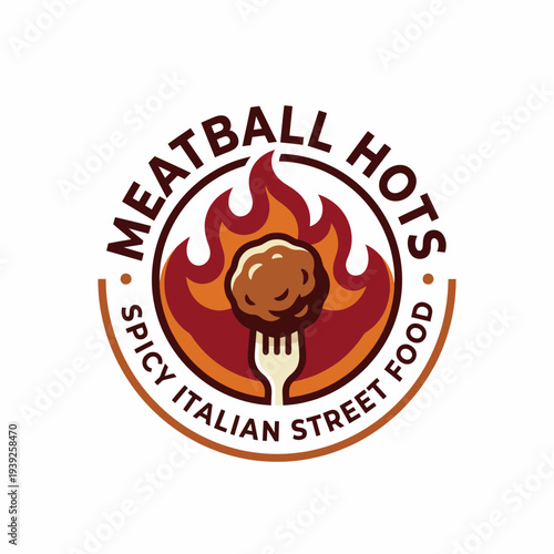 A vibrant logo featuring a meatball on fire held by a fork, perfect for a street food business specializing in spicy Italian cuisine to attract food lovers.
