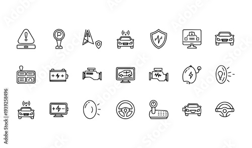 Smart vehicle system thin line icon set with automotive safety and dashboard symbols
