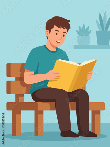 A young man sits comfortably on a wooden bench, fully engaged in reading a bright yellow book against a soothing blue background with plants, symbolizing tranquility and focus.