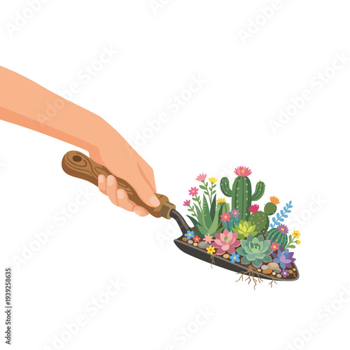 A hand is seen planting colorful flowers using a trowel, depicting the nurturing relationship between humans and nature, highlighting care and growth in gardening practices.