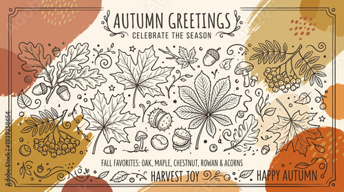 A vibrant autumn-themed vector illustration featuring various leaves, acorns, and seasonal elements on a colorful background.