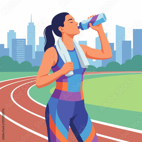 A fit woman in workout attire takes a refreshing drink from her sports bottle while exercising on a track, emphasizing health, fitness, and the importance of hydration.