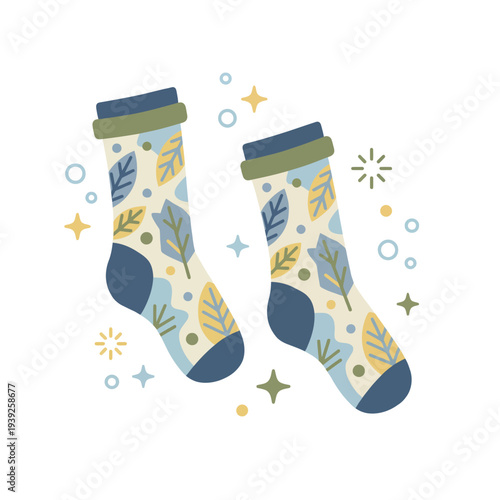 This whimsical image portrays a pair of colorful socks adorned with floral patterns, emphasizing fun in fashion, individuality, and fresh style suitable for contemporary trends.