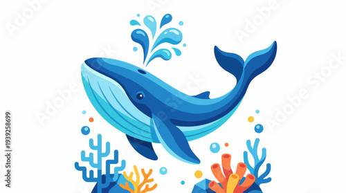 A vibrant illustration of a cartoon blue whale swimming among colorful corals, highlighting the beauty of marine life, ocean conservation, and the joy of aquatic creatures.