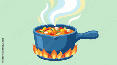 This illustration showcases a vibrant blue cooking pot filled with soup, complete with steam rising, capturing the warmth and joy of home cooking and culinary delights.