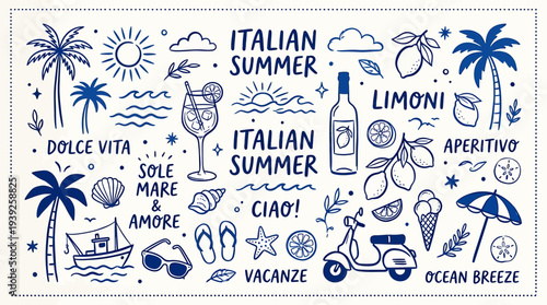 A vibrant Italian summer themed vector graphic illustration featuring various icons and phrases
