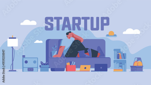A person sitting alone on a couch surrounded by startup-related items, conveying the concept of startup loneliness, in a minimalist flat design illustration from a straightforward viewpoint.