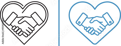 A minimalist vector icon set featuring handshakes integrated with heart shapes. These clean line designs in various colors symbolize trust, partnership, unity, and collaborative care.