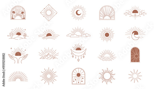 Tableau sur toile Boho sun and moon icon set, celestial line art symbols with sunrise, mystical su