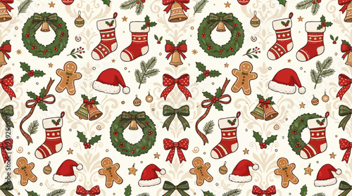 A festive Christmas pattern featuring wreaths, stockings, gingerbread men, and Santa hats on a cream background