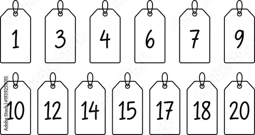 Collection of numbered tags with numbers from one to twenty