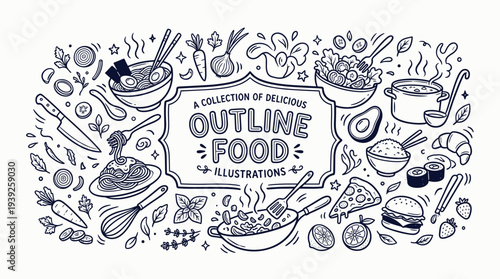 A collection of delicious outline food illustrations on with various dishes and ingredients