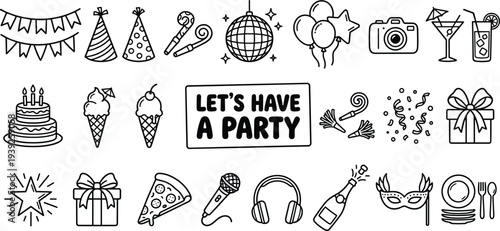 Black and white line drawing illustrations of various party objects and icons