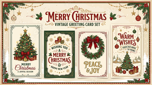 A set of vintage Christmas greeting cards with festive designs and messages