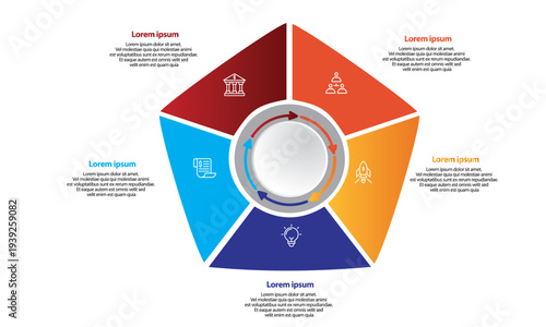 Collection of vector circle chart infographic templates for presentations, advertising, layouts, annual reports. 5options, steps, parts	