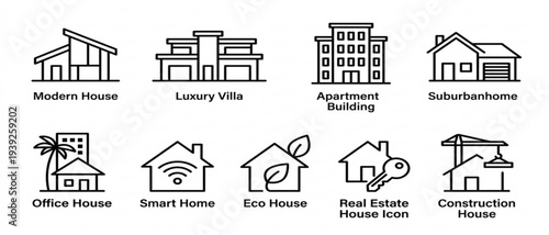 Set of modern house icons, luxury villa, apartment building, suburban home, office house, smart home, eco house, real estate house icon, construction house