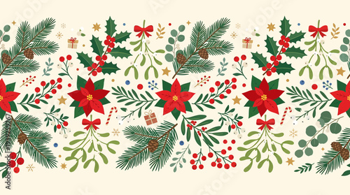 A festive Christmas vector graphic featuring a colorful arrangement of holly, poinsettias, and pine branches on a cream background