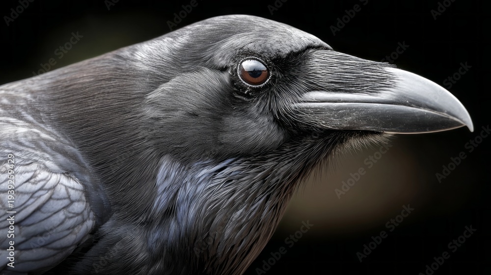 Fototapeta premium Raven's sharp gaze meets the viewer with quiet intensity