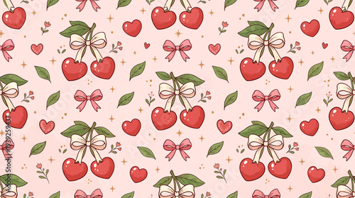 A vibrant and playful vector graphic illustration of a cherry and heart pattern on a soft pink background