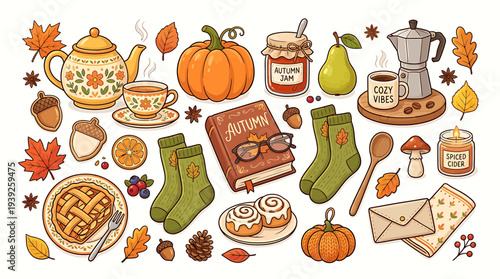A cozy autumn-themed vector illustration featuring various seasonal objects and symbols