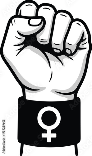 A raised fist with a female symbol on a black band