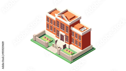 Isometric view of a classic red-brick school building with outdoor seating area
