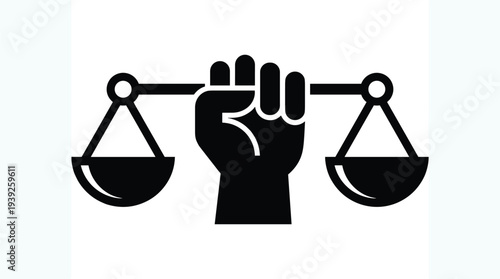 A black silhouette of a raised fist holding scales on symbolizing justice and equality