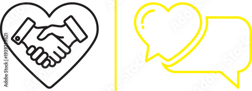 A collection of minimalist line icons featuring handshakes integrated with heart shapes in various colors. These designs symbolize partnership, trust, and collaborative care.