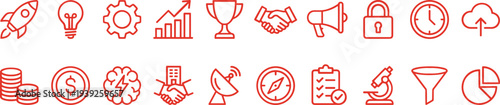 Collection of various business and finance icons in red outline