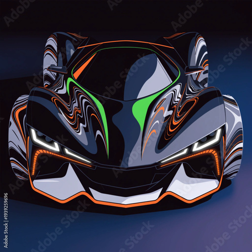 A vibrant vector graphic illustration of a futuristic sports car with swirling designs