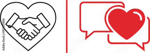A diverse collection of minimalist vector icons featuring handshake symbols integrated with hearts and speech bubbles, representing trust, professional cooperation, and empathetic communication.