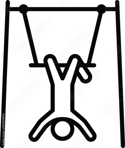 A simple line drawing of a person hanging upside down from a trapeze bar with their hands