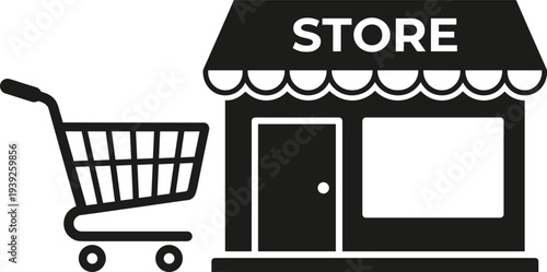 Black and white illustration of a shopping cart in front of a store with a sign