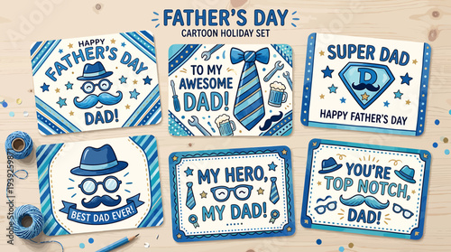 A set of six cartoon Father's Day cards with blue and white designs and playful messages for dads