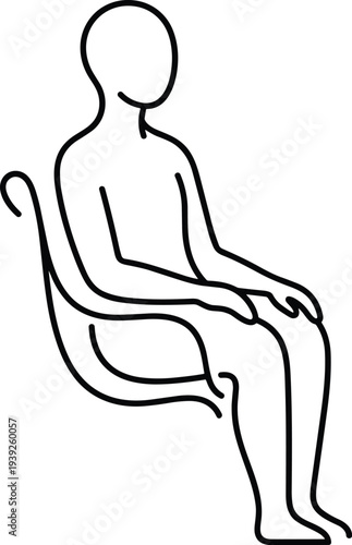 A simple line drawing of a person sitting on a chair with minimal details and a neutral expression