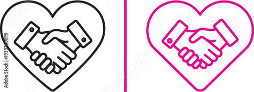 A collection of minimalist vector icons featuring handshakes integrated with heart shapes in various colors. These designs symbolize partnership, trust, and collaborative care through clean lines.