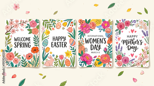 A colorful vector graphic illustration of four floral greeting cards for spring, Easter, Women's Day, and Mother's Day