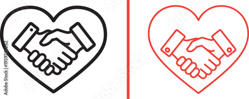 A collection of minimalist vector icons featuring handshakes integrated with heart shapes in various colors. These designs symbolize partnership, trust, and collaborative care through clean lines.