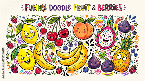 A colorful and playful vector illustration of various fruits and berries with smiling faces and doodles